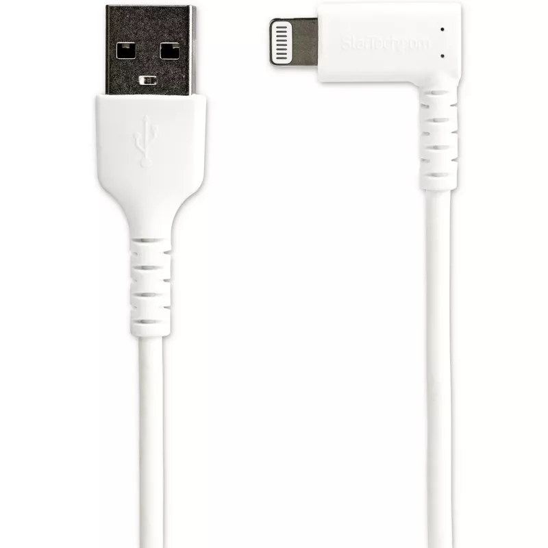 StarTech.com 1 m Cabo USB-A para Lightning Robusto – Branco 90° Angular Resistente Fibra Aramid Cabo de Carregamento/Sincronização USB Type-A para Lightning – Certificado Apple MFi – iPhone
