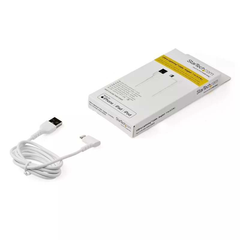 StarTech.com 1 m Cabo USB-A para Lightning Robusto – Branco 90° Angular Resistente Fibra Aramid Cabo de Carregamento/Sincronização USB Type-A para Lightning – Certificado Apple MFi – iPhone
