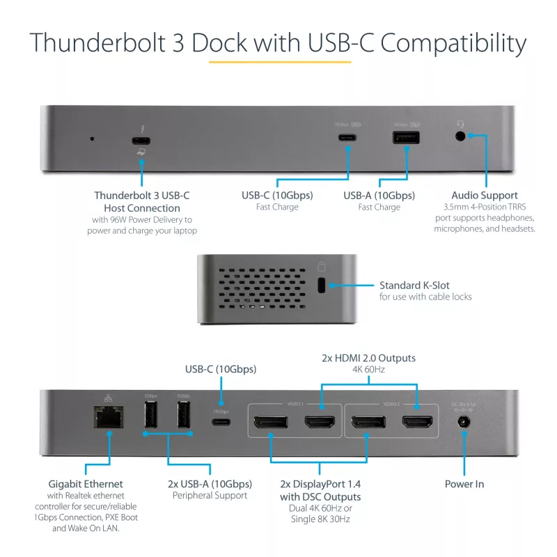 StarTech.com Dock USB C para Macbook Pro/Air-M1/M2/M3/M4, Compatível com Thunderbolt, HDMI/DisplayPort, Dois Monitores 4K 60Hz/Um Monitor 8K, Dock para Portátil USB Type-C, Power Delivery 96W, USB 10Gbps