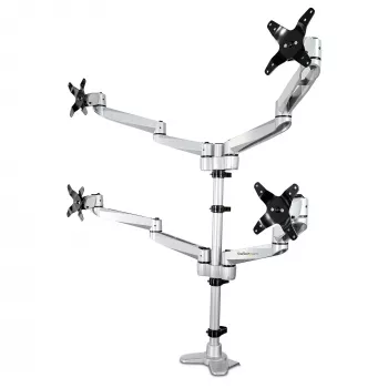 StarTech.com Braço de Monitor Quádruplo para Montagem em Secretária – Suporte de 4 Monitores Articulado Premium 2x2 até 30 Polegadas – Montagem em Mastro Ergonómica Ajustável em Altura – Inclinar/Orientar/Rotar – Grampo C/Passagem de Mesa – Prateado