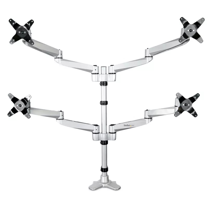 StarTech.com Braço de Monitor Quádruplo para Montagem em Secretária – Suporte de 4 Monitores Articulado Premium 2x2 até 30 Polegadas – Montagem em Mastro Ergonómica Ajustável em Altura – Inclinar/Orientar/Rotar – Grampo C/Passagem de Mesa – Prateado