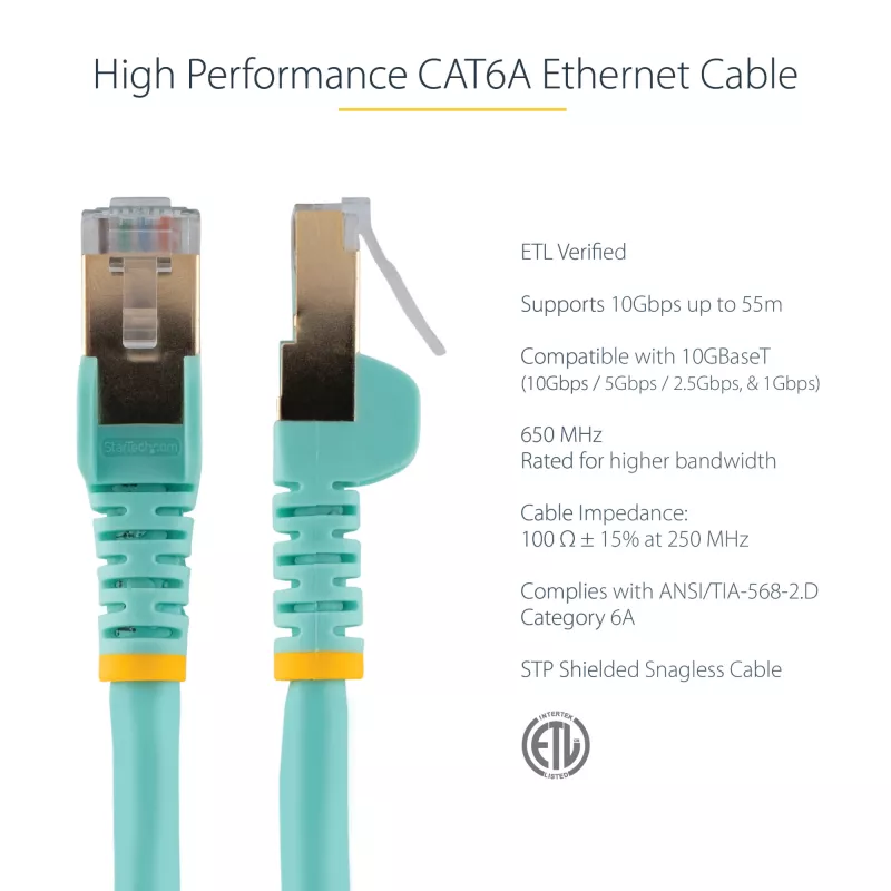 StarTech.com Cabo Ethernet CAT6a de 5m – 10 Gigabit Blindado RJ45 com Proteção de Patilha Cabo Patch PoE 100W – Cabo de Rede STP 10GbE com Alívio de Tensão – Aqua Testado Individualmente/Cablagem Certificada UL/TIA
