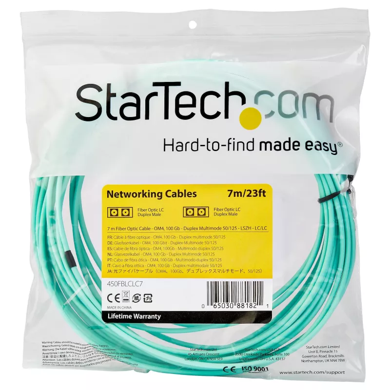 StarTech.com Cabo de fibra ótica multimodo LC/UPC para LC/UPC OM4 de 7 m (22 pés), fibra zipcord LOMMF/VCSEL 50/125 µm, 100G, baixa atenuação de inserção – Cabo jumper de fibra ótica LSZH