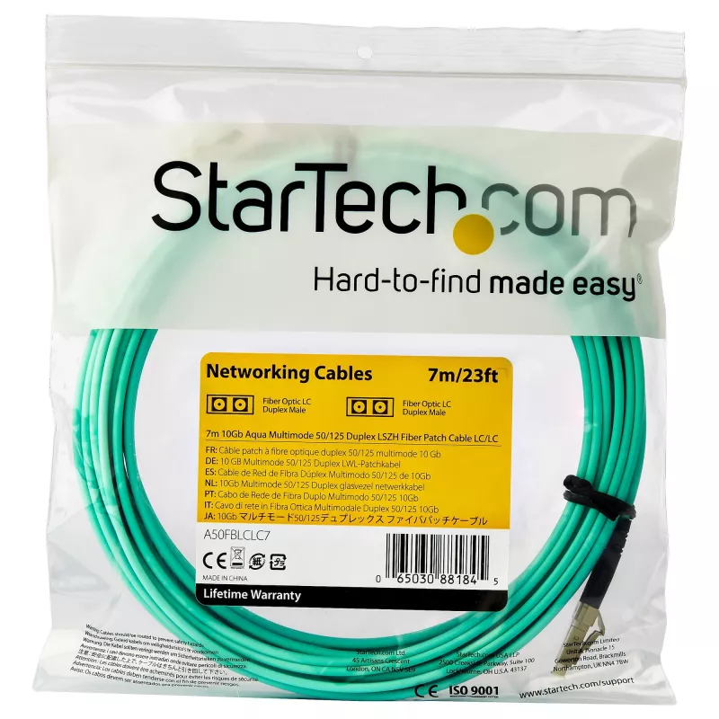 StarTech.com Cabo de fibra ótica multimodo LC/UPC para LC/UPC OM3 de 7 m (22 pés), cabo de fibra zipcord full duplex 50/125 µm, 100G, baixa atenuação de inserção, cabo jumper de fibra ótica LSZH