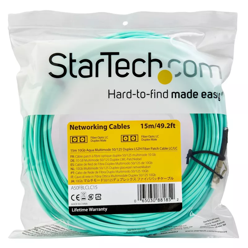 StarTech.com Cabo de fibra ótica multimodo LC/UPC para LC/UPC OM3 de 15 m (50 pés), full duplex, cabo de fibra zipcord 50/125 µm, 100G, baixa atenuação de inserção, cabo jumper de fibra LSZH