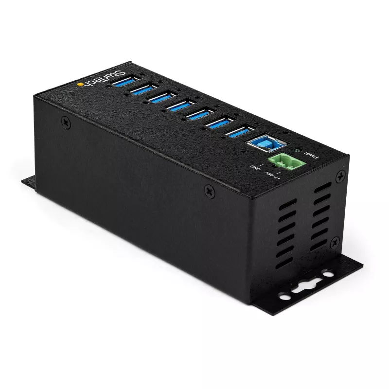 StarTech.com Hub USB 3.0 de 7 portas com fonte de alimentação – Hub USB-A industrial em metal com proteção ESD e sobretensão de 350 W – Montagem DIN/parede/mesa – Hub USB 3.2 Gen 1 de alta velocidade (5 Gbit/s) – TAA