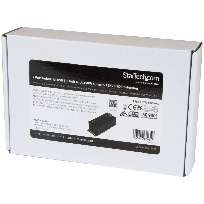 StarTech.com Hub USB 3.0 de 7 portas com fonte de alimentação – Hub USB-A industrial em metal com proteção ESD e sobretensão de 350 W – Montagem DIN/parede/mesa – Hub USB 3.2 Gen 1 de alta velocidade (5 Gbit/s) – TAA