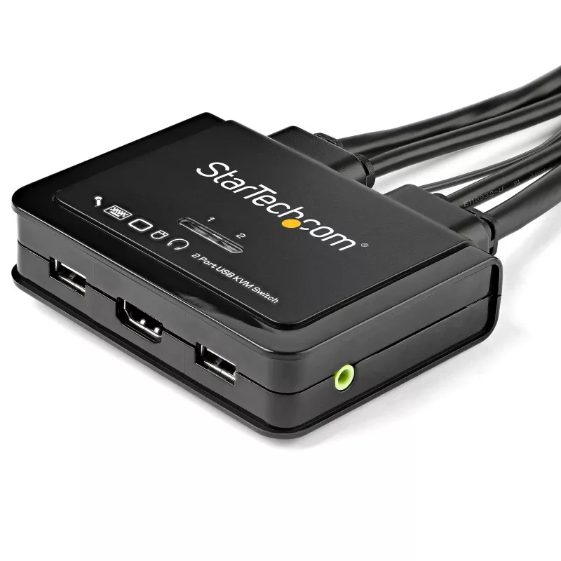 StarTech.com Comutador KVM HDMI de 2 portas - 4K 60Hz - Comutador KVM USB de secretária compacto de duas portas UHD/Ultra HD com cabos integrados de 1,2 m e áudio - Alimentado por bus e comutação remota - MacBook ThinkPad