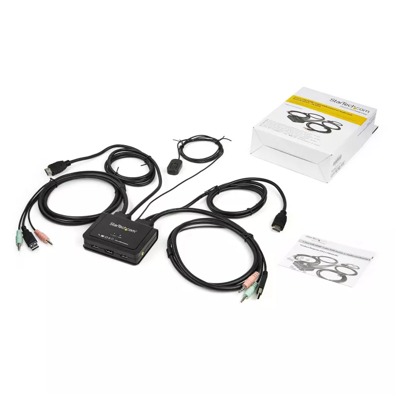 StarTech.com Comutador KVM HDMI de 2 portas - 4K 60Hz - Comutador KVM USB de secretária compacto de duas portas UHD/Ultra HD com cabos integrados de 1,2 m e áudio - Alimentado por bus e comutação remota - MacBook ThinkPad
