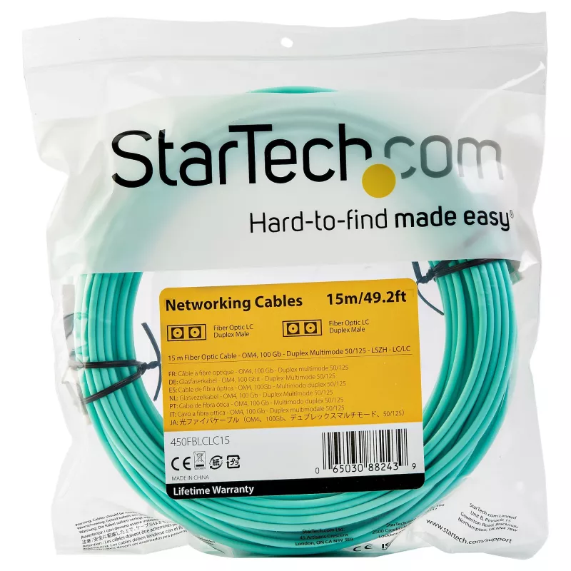 StarTech.com Cabo de fibra ótica multimodo LC/UPC para LC/UPC OM4 de 15 m, fibra zipcord LOMMF/VCSEL 50/125 µm, 100G, baixa atenuação de inserção – Cabo jumper de fibra ótica LSZH