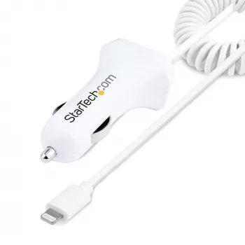 StarTech.com Carregador de automóvel Lightning com cabo espiral, cabo espiral Lightning de 1 m, 12 W, branco, adaptador de carregamento USB duplo para automóvel para telefones e tablets, carregador de automóvel iPhone dual-USB
