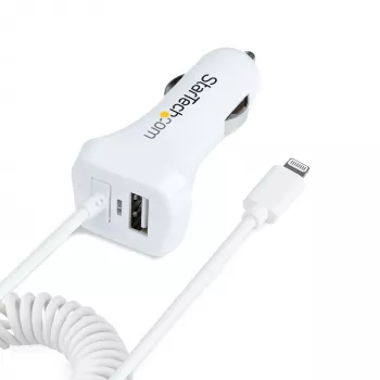 StarTech.com Carregador de automóvel Lightning com cabo espiral, cabo espiral Lightning de 1 m, 12 W, branco, adaptador de carregamento USB duplo para automóvel para telefones e tablets, carregador de automóvel iPhone dual-USB