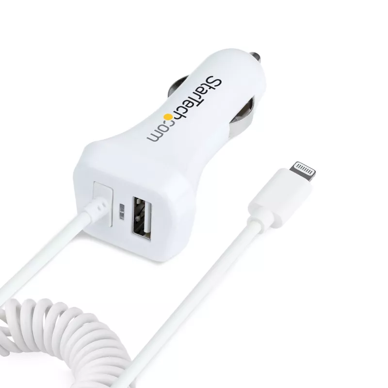 StarTech.com Carregador de automóvel Lightning com cabo espiral, cabo espiral Lightning de 1 m, 12 W, branco, adaptador de carregamento USB duplo para automóvel para telefones e tablets, carregador de automóvel iPhone dual-USB