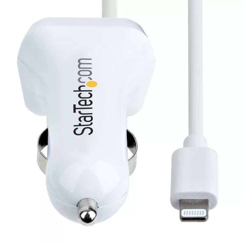 StarTech.com Carregador de automóvel Lightning com cabo espiral, cabo espiral Lightning de 1 m, 12 W, branco, adaptador de carregamento USB duplo para automóvel para telefones e tablets, carregador de automóvel iPhone dual-USB