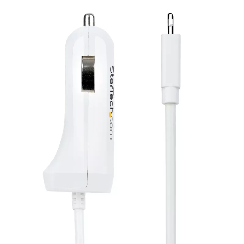 StarTech.com Carregador de automóvel Lightning com cabo espiral, cabo espiral Lightning de 1 m, 12 W, branco, adaptador de carregamento USB duplo para automóvel para telefones e tablets, carregador de automóvel iPhone dual-USB