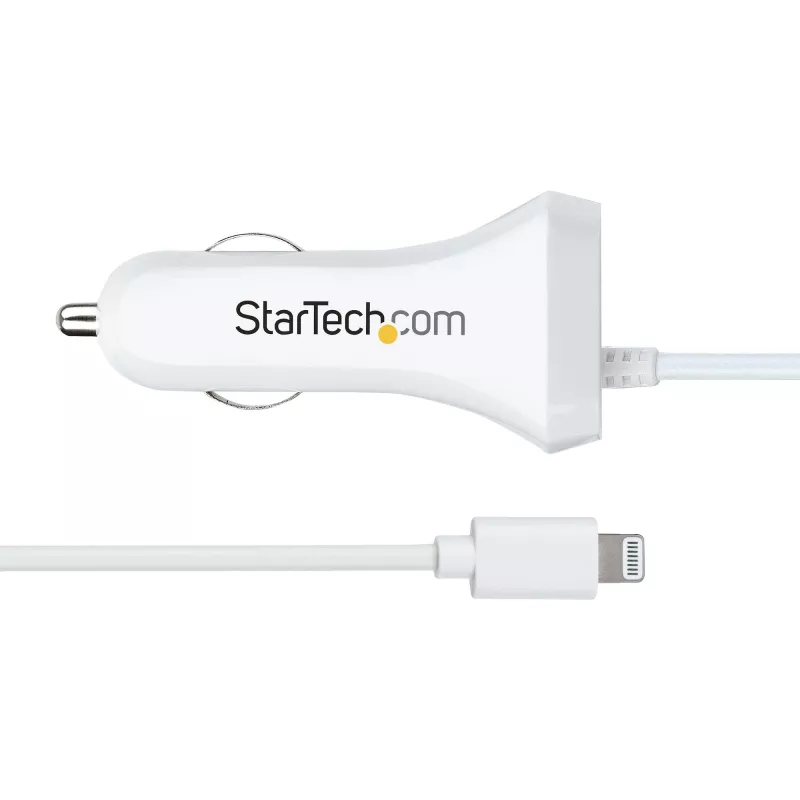 StarTech.com Carregador de automóvel Lightning com cabo espiral, cabo espiral Lightning de 1 m, 12 W, branco, adaptador de carregamento USB duplo para automóvel para telefones e tablets, carregador de automóvel iPhone dual-USB