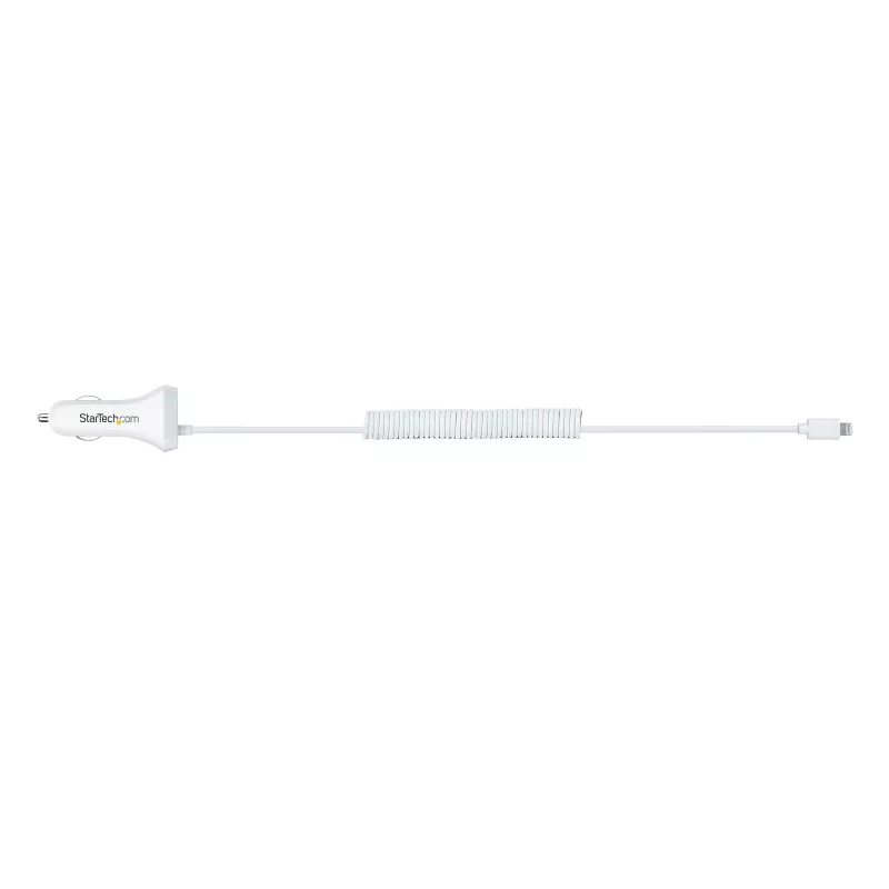 StarTech.com Carregador de automóvel Lightning com cabo espiral, cabo espiral Lightning de 1 m, 12 W, branco, adaptador de carregamento USB duplo para automóvel para telefones e tablets, carregador de automóvel iPhone dual-USB