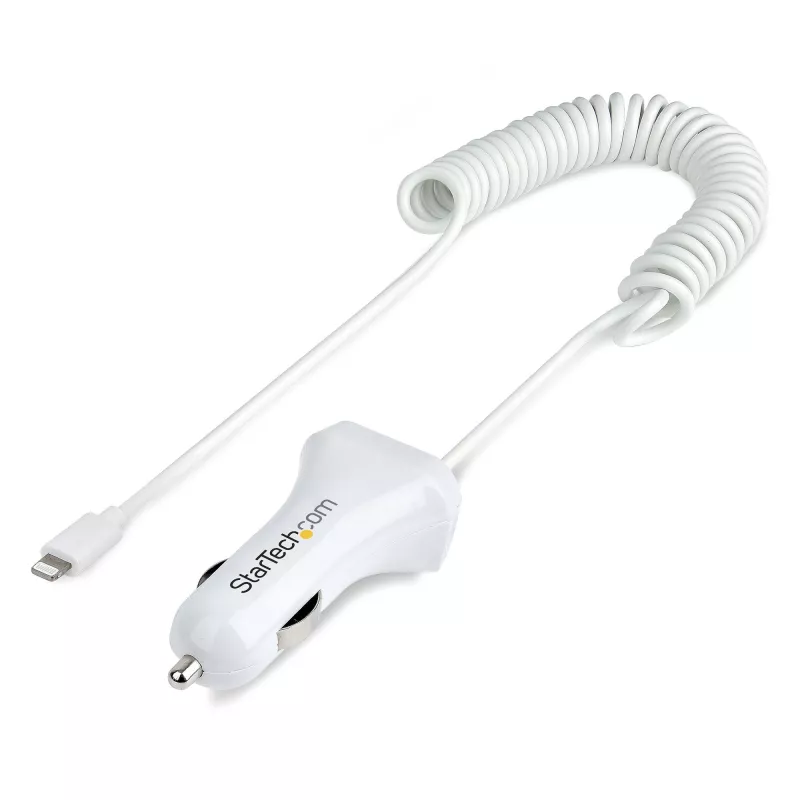 StarTech.com Carregador de automóvel Lightning com cabo espiral, cabo espiral Lightning de 1 m, 12 W, branco, adaptador de carregamento USB duplo para automóvel para telefones e tablets, carregador de automóvel iPhone dual-USB