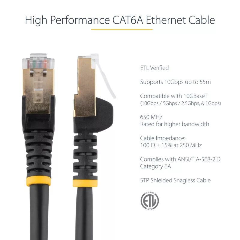 Cabo Ethernet CAT6a StarTech.com de 1,5 m – 10 Gigabit blindado Snagless RJ45 100W PoE cabo patch – cabo de rede 10GbE STP com alívio de tensão – Preto testado individualmente/cablagem certificada UL/TIA