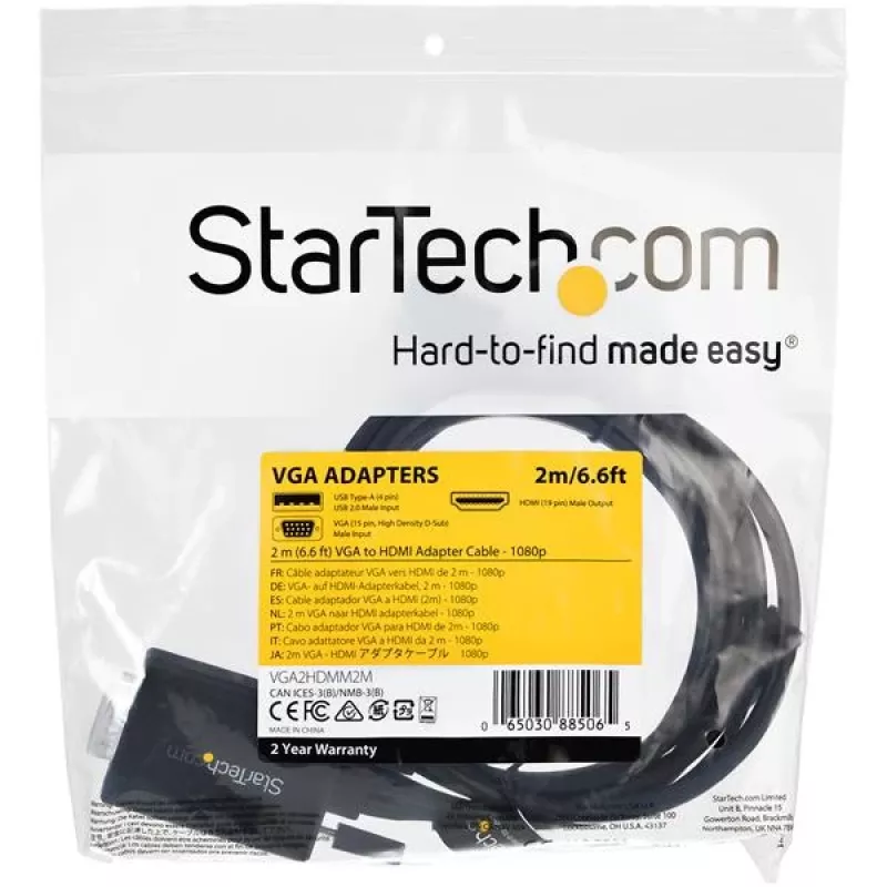 StarTech.com Cabo conversor VGA para HDMI de 2 m com suporte de áudio USB e alimentação – Cabo adaptador de vídeo analógico para digital para ligar um PC VGA a um ecrã HDMI – Cabo de monitor 1080p macho para macho