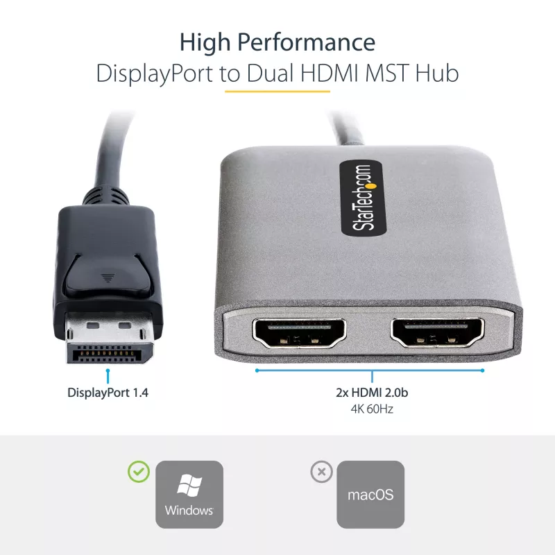 StarTech.com Hub DP para HDMI duplo MST – HDMI duplo 4K 60 Hz – Adaptador DisplayPort multi-monitor com cabo de 30 cm – Hub Multi Stream Transport DP 1.4, DSC | HBR3 – Splitter DP para HDMI
