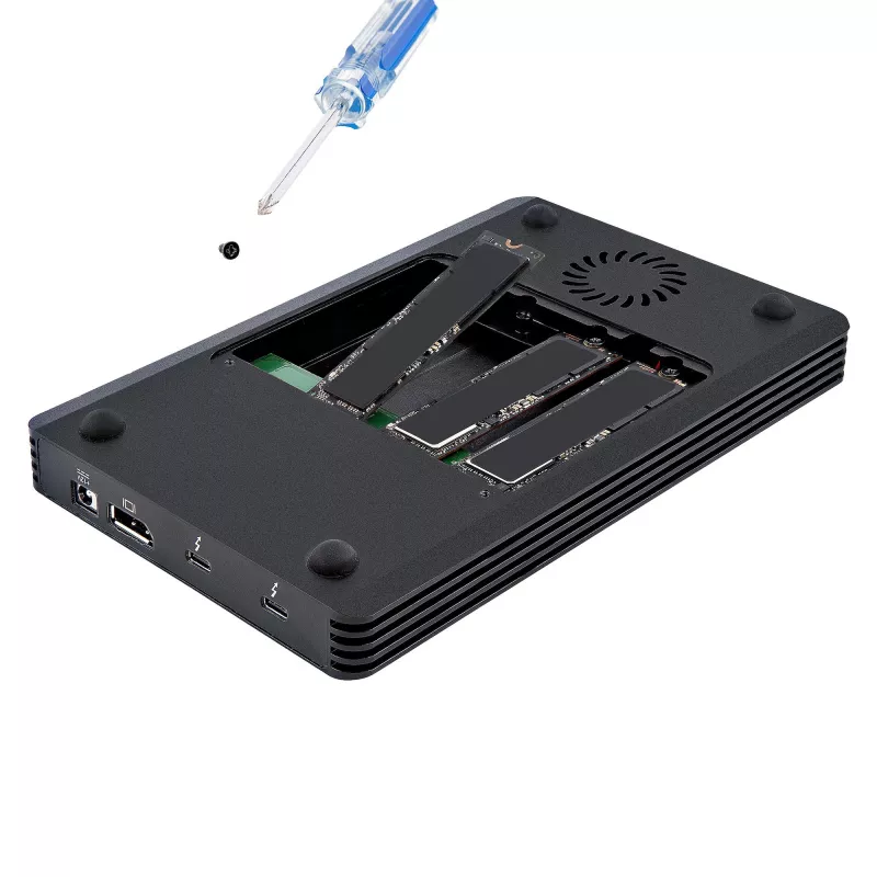 Caixa Thunderbolt 3 NVMe de 4 baías StarTech.com, para unidades SSD M.2 NVMe, 1x DisplayPort de vídeo / 2x portas TB3 downstream, 40 Gbit/s, fonte de alimentação de 72W, caixa externa para disco rígido