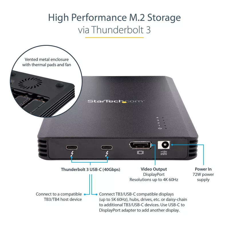 Caixa Thunderbolt 3 NVMe de 4 baías StarTech.com, para unidades SSD M.2 NVMe, 1x DisplayPort de vídeo / 2x portas TB3 downstream, 40 Gbit/s, fonte de alimentação de 72W, caixa externa para disco rígido