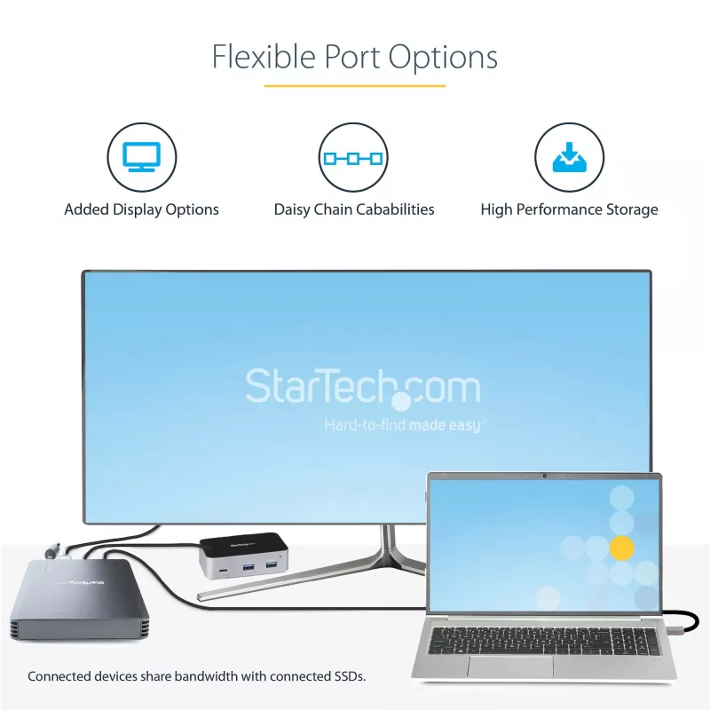 Caixa Thunderbolt 3 NVMe de 4 baías StarTech.com, para unidades SSD M.2 NVMe, 1x DisplayPort de vídeo / 2x portas TB3 downstream, 40 Gbit/s, fonte de alimentação de 72W, caixa externa para disco rígido