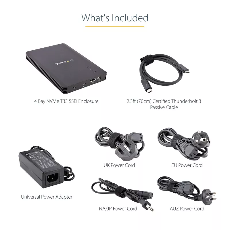 Caixa Thunderbolt 3 NVMe de 4 baías StarTech.com, para unidades SSD M.2 NVMe, 1x DisplayPort de vídeo / 2x portas TB3 downstream, 40 Gbit/s, fonte de alimentação de 72W, caixa externa para disco rígido