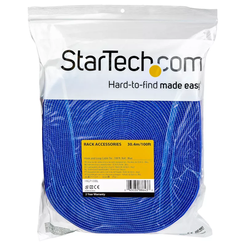 StarTech.com Rolo de fita de velcro de 30,5 m – abraçadeiras de cabos reutilizáveis cortáveis – fita de velcro industrial para fixação de cabos / capas de tecido ajustáveis, azul / fitas de gestão de cabos reutilizáveis autoadesivas