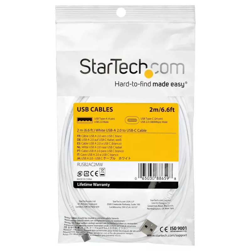 StarTech.com Cabo de carregamento USB-A para USB-C de 2 m – Cabo de dados USB 2.0 para USB Type-C robusto de carregamento rápido e sincronização – Revestimento TPE resistente fibra aramida M/M 3A Branco – Samsung S10, iPad Pro, Pixel