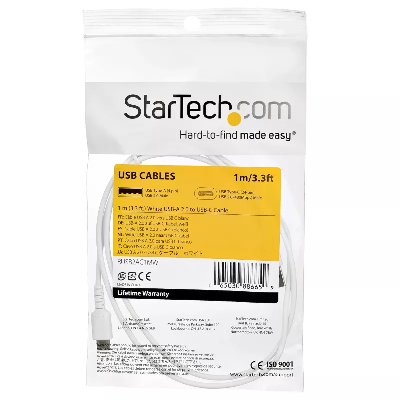 StarTech.com Cabo de carregamento USB-A para USB-C de 1 m – Cabo de carregamento rápido e sincronização USB 2.0 para USB Type-C – Revestimento TPE resistente com fibra aramida M/M 3A Branco – Samsung S10, iPad Pro, Pixel