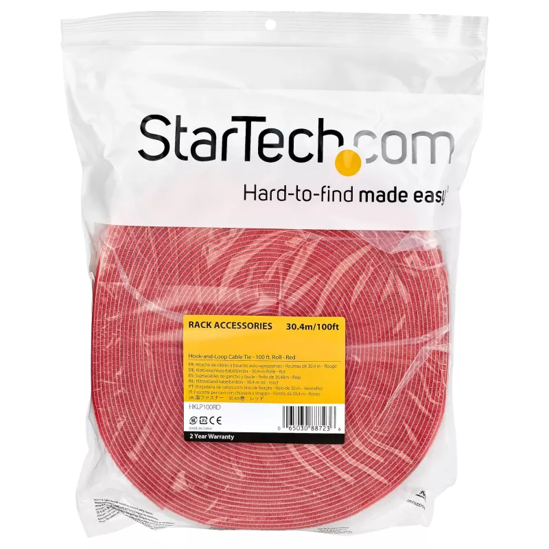 StarTech.com Rolo de fita de velcro de 30,5 m – abraçadeiras de cabos reutilizáveis cortáveis – rolo de fita industrial de fixação de cabos / envolventes têxteis ajustáveis vermelho / fitas de gestão de cabos reutilizáveis autoadesivas