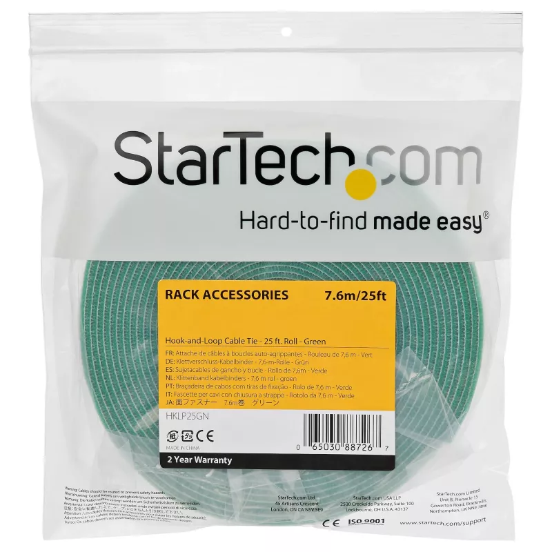 StarTech.com Rolo de fita adesiva de velcro de 7,6 m - abraçadeiras reutilizáveis cortáveis - fita industrial de fixação de cabos em rolo / revestimento têxtil ajustável, verde / abraçadeiras de gestão de cabos autoadesivas reutilizáveis