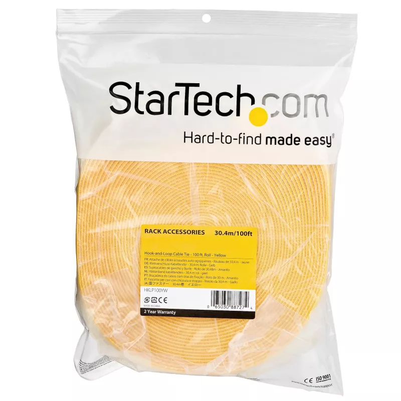 StarTech.com Rolo de fita de velcro de 30,5 m - abraçadeiras reutilizáveis cortáveis à medida - fita industrial de fixação de cabos ao metro / fitas têxteis ajustáveis amarelas / abraçadeiras de gestão de cabos autoadesivas reutilizáveis