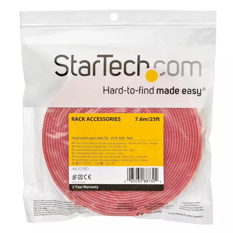 StarTech.com Rolo de fita de velcro de 7,6 m – abraçadeiras reutilizáveis cortáveis – fita industrial de fixação de cabos / revestimento têxtil ajustável vermelho / cintas de gestão de cabos autoadesivas