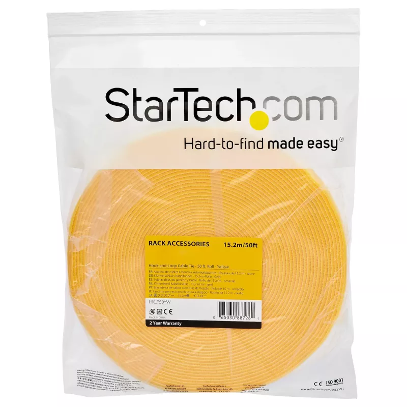 StarTech.com Rolo de fita de velcro de 7,6 m – abraçadeiras reutilizáveis cortáveis – fita de velcro industrial para fixação de cabos / revestimentos têxteis ajustáveis amarelos / abraçadeiras de gestão de cabos autoadesivas