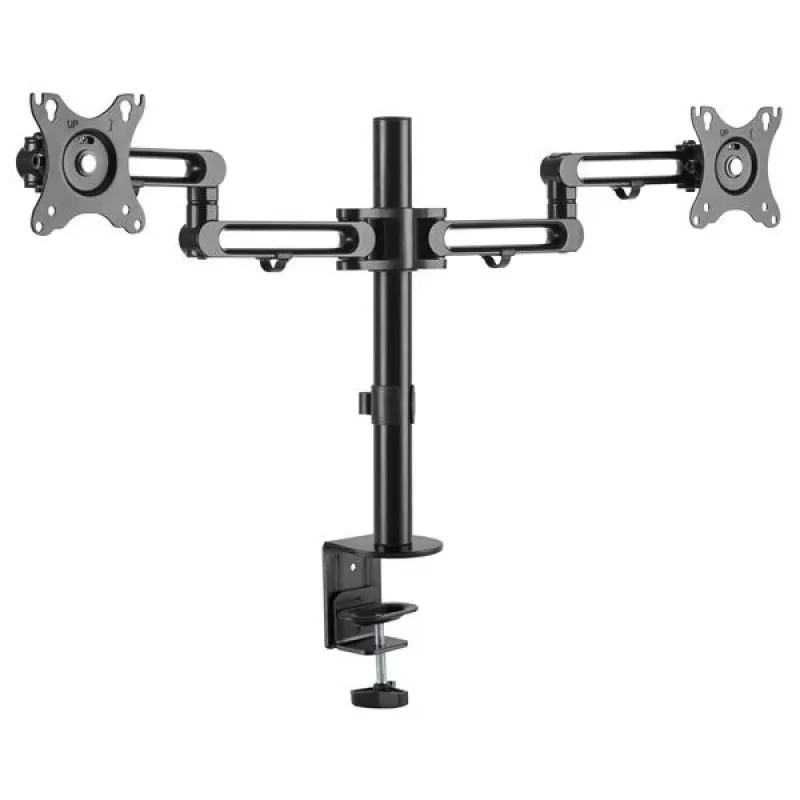 StarTech.com Braço de monitor duplo para secretária – Fixação por grampo de mesa, suporte de monitor compatível com VESA para ecrãs até 32 polegadas – Braço de monitor ergonómico articulado – ajustável em altura/inclinação/rotação/giro