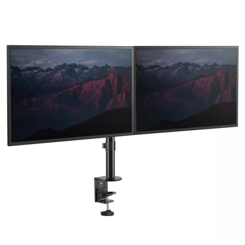 StarTech.com Braço de monitor duplo para secretária – Fixação por grampo de mesa, suporte de monitor compatível com VESA para ecrãs até 32 polegadas – Braço de monitor ergonómico articulado – ajustável em altura/inclinação/rotação/giro