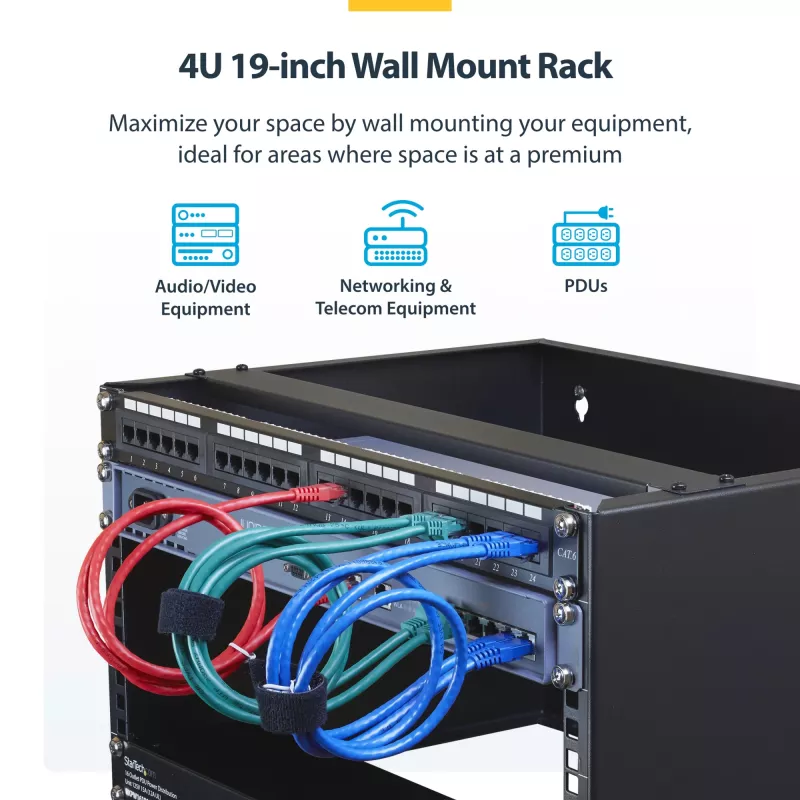 StarTech.com Rack de rede de parede 4U – 14 polegadas de profundidade (perfil baixo) – Suporte de painel de ligação de 19 polegadas para servidores e equipamentos de IT de perfil baixo, comutadores de rede – Capacidade de carga de 20 kg, preto