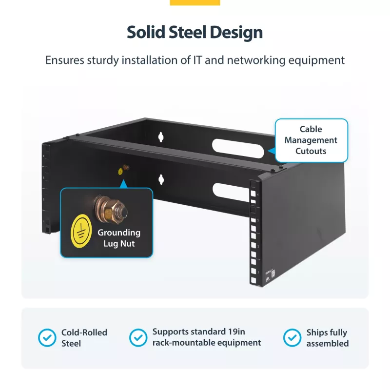 StarTech.com Rack de rede de parede 4U – 14 polegadas de profundidade (perfil baixo) – Suporte de painel de ligação de 19 polegadas para servidores e equipamentos de IT de perfil baixo, comutadores de rede – Capacidade de carga de 20 kg, preto
