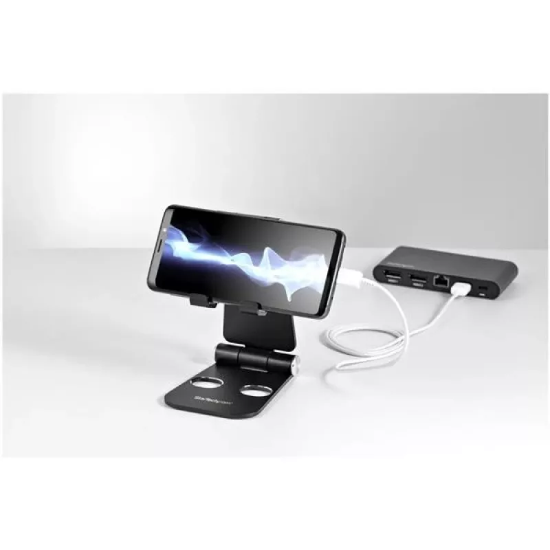 StarTech.com Suporte para telefone e tablet – Suporte universal dobrável para dispositivos móveis para smartphones e tablets – Suporte ergonómico ajustável para telemóvel com vários ângulos para secretária – Portátil – Preto