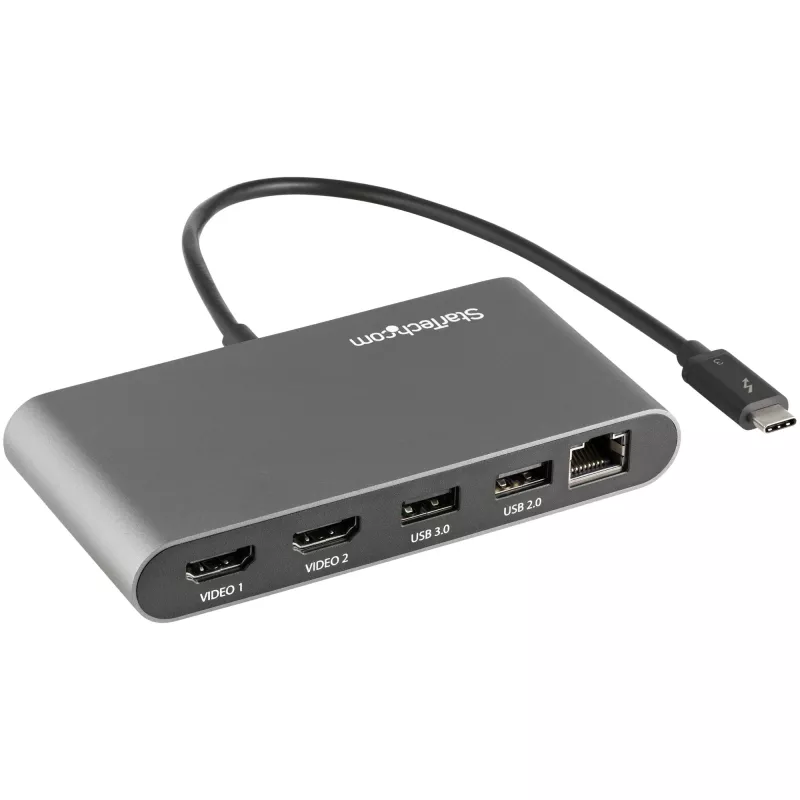StarTech.com Mini dock Thunderbolt para monitor duplo, HDMI 4K 60Hz, hub sem drivers para Windows e Mac, Gigabit Ethernet, 1 x USB 5Gbps e 1x USB 2.0, cabo de 28 cm