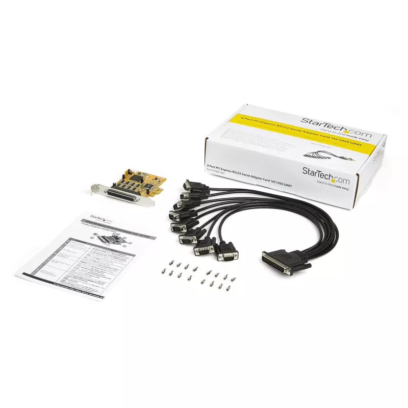 StarTech.com Placa adaptadora serial RS232 PCI Express de 8 portas, placa serial PCIe RS232, UART 16C1050, controlador/placa de expansão serial multiporta DB9, proteção ESD de 15kV, apenas Windows - TAA