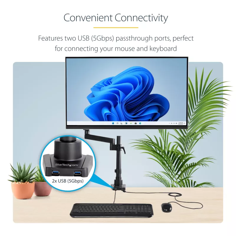 StarTech.com Braço de monitor para secretária com 2x portas USB 3.0, suporte de monitor único totalmente articulado, até 34 polegadas (17,6 lb/8 kg) ecrã VESA, montagem por grampo/ilhó, mola mecânica