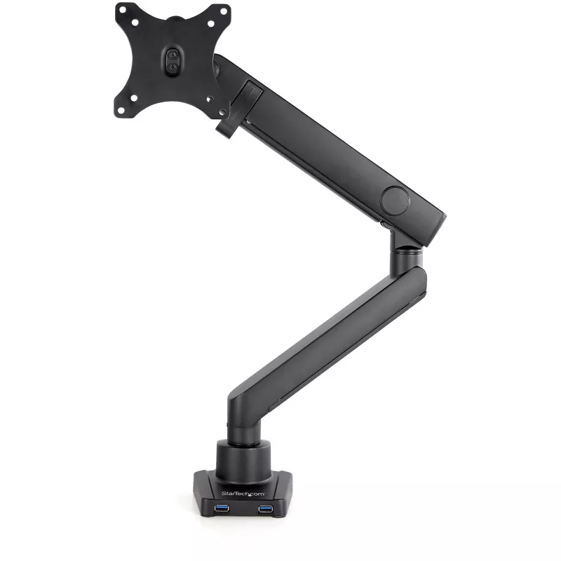 StarTech.com Braço de monitor para secretária com 2x portas USB 3.0, suporte de monitor único fino totalmente articulado, até 34 polegadas (8 kg) ecrã VESA, montagem por grampo/ilhó, mola mecânica