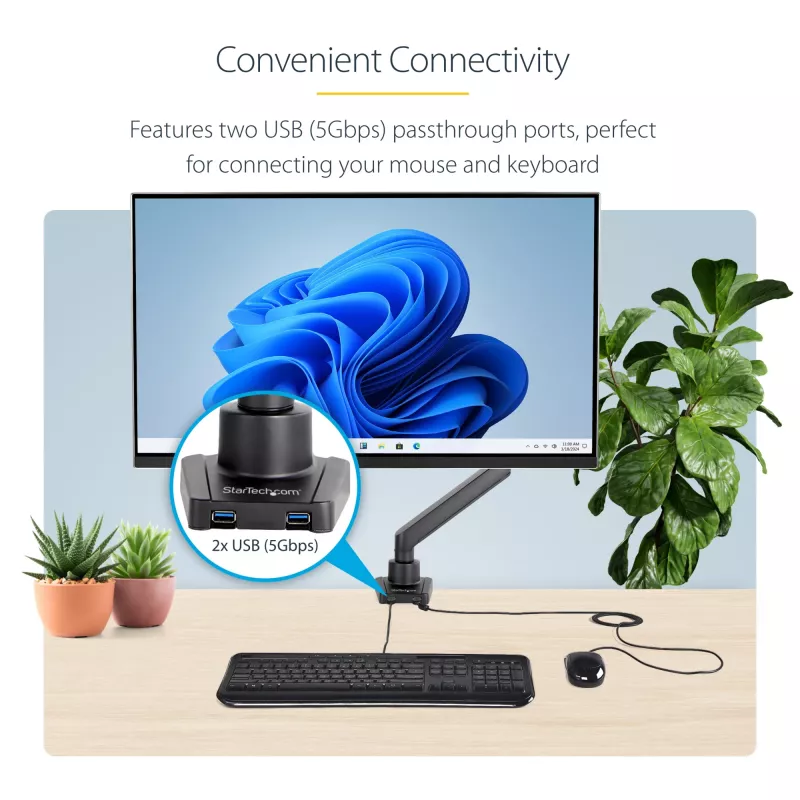 StarTech.com Braço de monitor para secretária com 2x portas USB 3.0, suporte de monitor único fino totalmente articulado, até 34 polegadas (8 kg) ecrã VESA, montagem por grampo/ilhó, mola mecânica