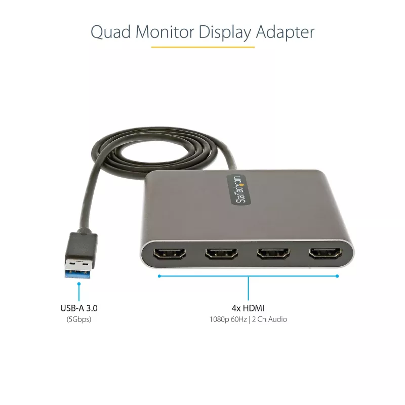 StarTech.com Adaptador USB 3.0 para Quad HDMI, conversor USB para 4x monitores HDMI para Windows (sem suporte para macOS/ChromeOS/Linux) - TAA