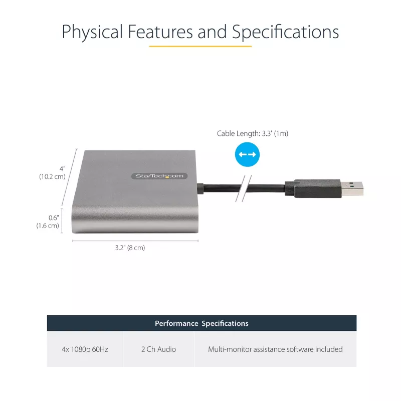 StarTech.com Adaptador USB 3.0 para Quad HDMI, conversor USB para 4x monitores HDMI para Windows (sem suporte para macOS/ChromeOS/Linux) - TAA