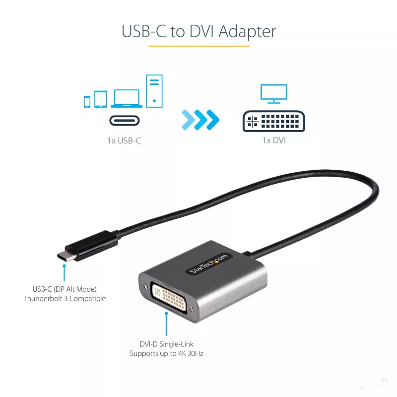StarTech.com Adaptador USB-C para DVI – Dongle adaptador USB-C para DVI-D 1920x1200p – USB Type-C para monitor/ecrã DVI – Conversor de vídeo – Compatível com Thunderbolt 3 – Cabo fixo de 12 polegadas – Versão atualizada do CDP2DVI